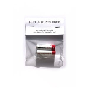 May include: A white card with the text "GIFT NOT INCLUDED" and "All the power you need for that gift you really want". Two AA batteries are in a clear plastic bag.