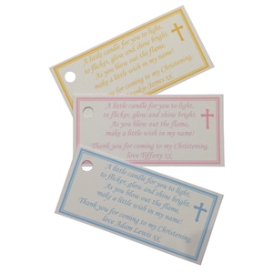10 x Personalisierte Taufe Kommunion Kerze Favor Tags Etiketten Gedicht Taufe