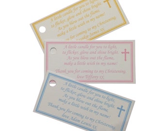 10 x Personalised Christening Communion Candle Favour Tags Labels Poem Baptism