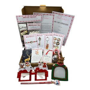 Caja de Nochebuena personalizada llena de llave mágica de Papá Noel Chocolate caliente de Papá Noel Comida de reno Believe Polar Express Campana Carta de Papá Noel Bonita