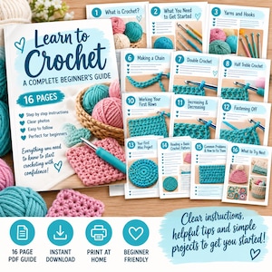May include: A 16-page Learn to Crochet beginner's guide PDF featuring step-by-step instructions, clear photos, and crochet techniques. The guide includes sections on yarns, hooks, chains, double crochet, half treble crochet, and basic projects.