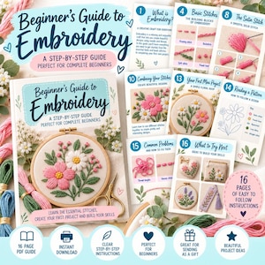 Puede incluir: Una guía digital de 16 páginas para principiantes en bordado que incluye instrucciones paso a paso, puntadas básicas, proyectos de bastidores florales y consejos de resolución de problemas con tutoriales ilustrados de puntadas.