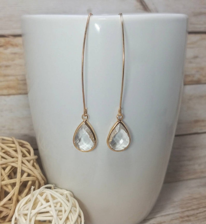 Gold Teardrop Thread EarringsCubic Zirconia PearBriolette Drop EarringsWireHookCrystal Earrings for WomenFashion JewelryGift for Her