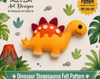 Patrón de fieltro de estegosaurio para decoración de habitación infantil con temática de dinosaurios. Incluye archivos digitales SVG, PDF y DXF.