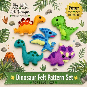 May include: A collection of colorful felt dinosaur patterns. The set includes an orange dinosaur with a red and white back, a blue and yellow pterodactyl, a green dinosaur, a teal dinosaur, and a purple triceratops. The image also includes the text "Dinosaur Felt Pattern Set".