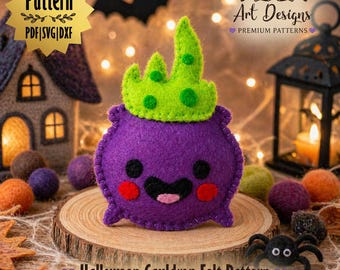 May include: A felt Halloween cauldron with a green crown, purple body, and smiling face. The image includes the text "Pattern PDF|SVG|DXF" and "Halloween Cauldron Felt Pattern". Other Halloween decorations are in the background.