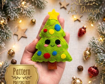 May include: A handmade felt Christmas tree ornament with a smiling face, colorful dots, and a yellow star. The tree is held in a hand, surrounded by festive decorations and the text "My Little Art Designs" and "Pattern PDF|SVG|DXF".