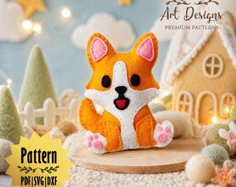 May include: A handmade felt corgi dog with orange, white, and pink details. The corgi is sitting on a wooden disc, with the text "Corgi Felt Pattern" below. The image also includes the text "Pattern PDF SVG DXF".