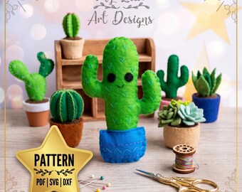 Patrón de fieltro para coser con diseño de cactus saguaro, compatible con Cricut y Silhouette (formatos SVG, PDF y DXF).