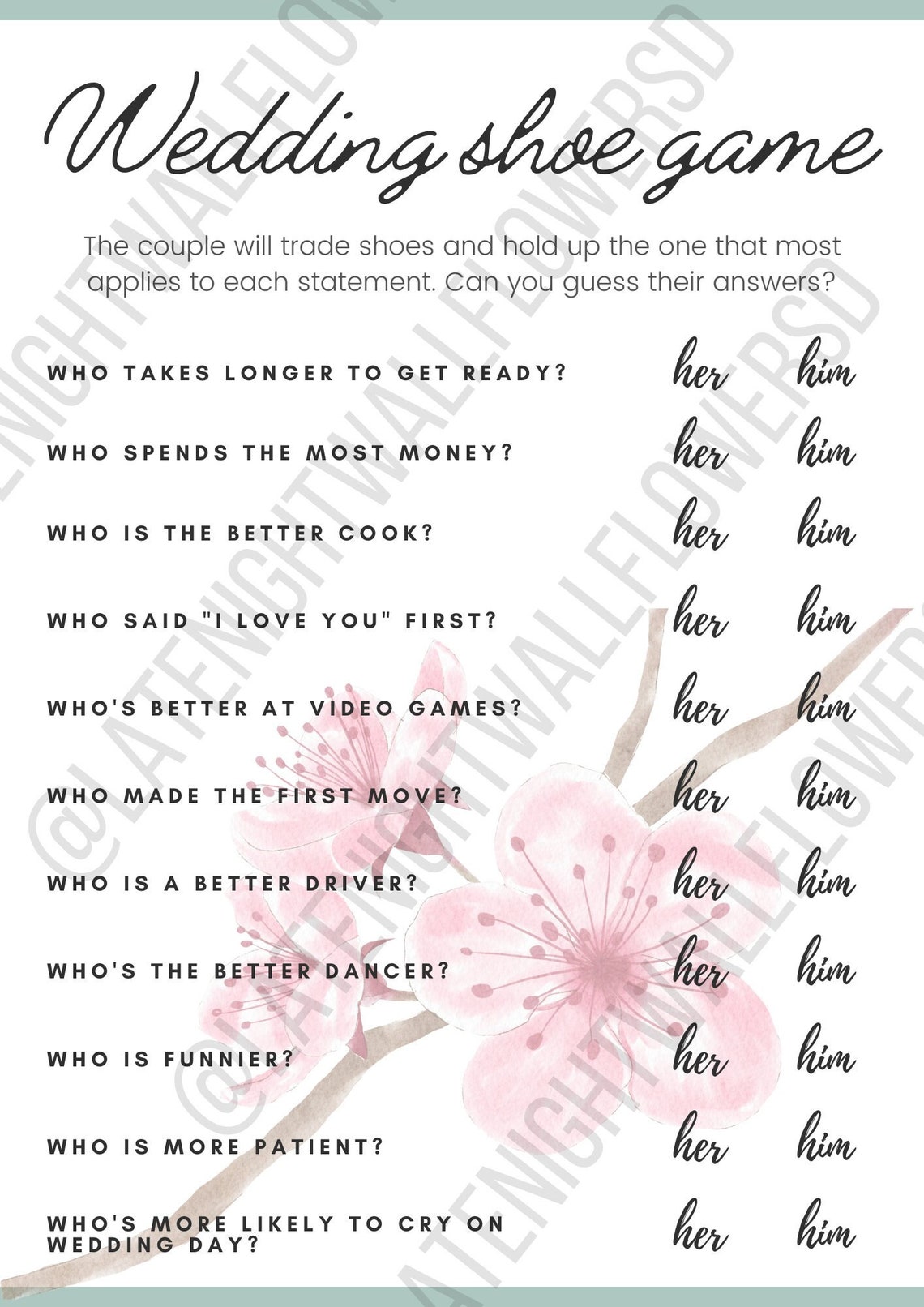 Wedding Shoe Game Printable Instant Download - Etsy