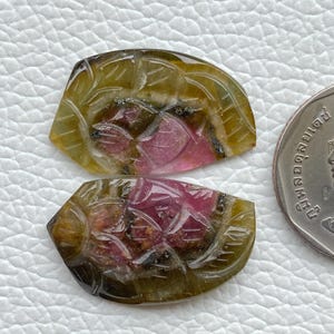 Bi-Color Tourmaline Carving Pair: 27.80 ct Hand Carved Gemstones