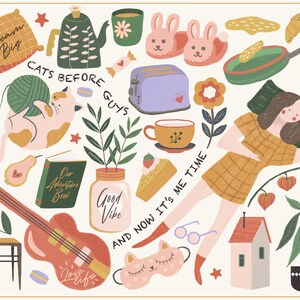 Peut inclure: Une illustration color&eacute;e avec une vari&eacute;t&eacute; d'objets, dont un chat jouant avec de la laine, une th&eacute;i&egrave;re, un livre, une guitare, une maison, une femme endormie, une part de g&acirc;teau, une tasse de th&eacute;, un grille-pain, une paire de pantoufles en forme de lapin, une plante en pot, un bocal avec les mots "Good Vibe", un oreiller avec les mots "Dream Big", et le texte "Cats Before Guys" et "And Now It's Me Time".
