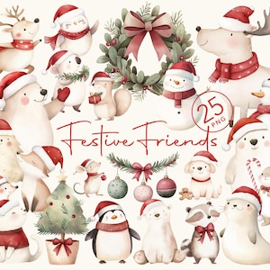 Aquarell Weihnachten Tiere mit Santa Hut Clipart Winter Tiere Clipart Aquarell Weihnachten Niedlich Festliche Waldtiere Kommerzielle Nutzung