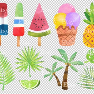 watercolor summer beach clipart, ice cream clipart, lime clipart, coconut trees clipart, pineapple clipart