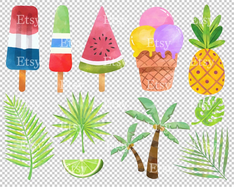 watercolor summer beach clipart, ice cream clipart, lime clipart, coconut trees clipart, pineapple clipart
