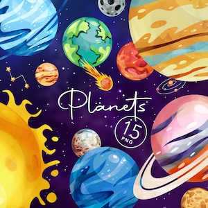 Acquerello Pianeti Clipart, Sistema solare Clipart, Outer Space Clip Art, Pianeti Grafica Digital Instant Download Clipart Uso commerciale PNG