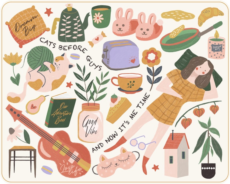 Peut inclure: Une illustration color&eacute;e avec une vari&eacute;t&eacute; d'objets, dont un chat jouant avec de la laine, une th&eacute;i&egrave;re, un livre, une guitare, une maison, une femme endormie, une part de g&acirc;teau, une tasse de th&eacute;, un grille-pain, une paire de pantoufles en forme de lapin, une plante en pot, un bocal avec les mots "Good Vibe", un oreiller avec les mots "Dream Big", et le texte "Cats Before Guys" et "And Now It's Me Time".