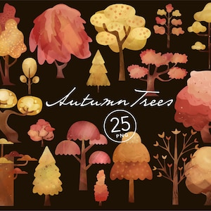 Watercolor Autumn Trees Clipart, Fall Trees Clipart, Tree Clip Art, Autumn Forest Landscape, Digital Instant Download Printable Clipart png