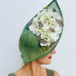 Large Statement Tall Hat Fascinator Teardrop Side Floral Green White Flowers Underneath Wedding Ascot Races Mother of the Bride or Groom image 6
