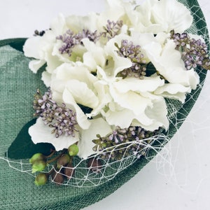 Large Statement Tall Hat Fascinator Teardrop Side Floral Green White Flowers Underneath Wedding Ascot Races Mother of the Bride or Groom image 5