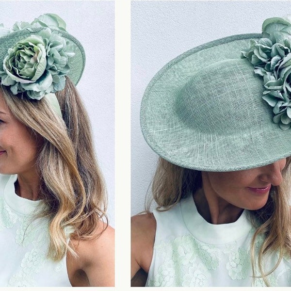 Large Statement Hat Fascinator Dipped Saucer Side Vintage Sage Ash Green Peony Hydrangea Flowers Wedding Guest Mother of the Bride Groom