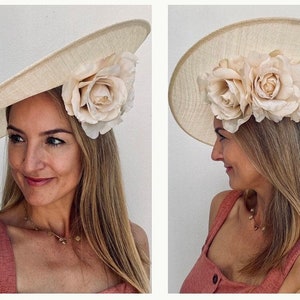 XL Statement Wide Brim Hat Fascinator Beige Neutral Cream Rose Florals Underneath - Large Round Side - Ascot Epsom Ascot Chester Epsom Races