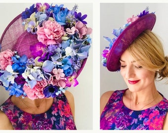 Large Statement Hat Fascinator Side in Floral Lilac Blue Lavender Purple Flower Ascot Races Wedding Guest Mother of the Bride or Groom Party