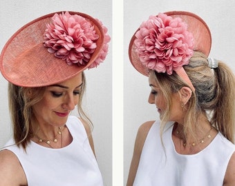 Large Statement Floral Hat Fascinator Side Dipped Dusky Pink Peach Giant Gerbera Pompom Flowers Ascot Wedding Mother of the Bride or Groom