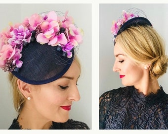 Small Statement Hat Fascinator Dipped Side Fit in Navy with Purple Pink Hydrangeas Ascot Races Wedding Guest Mother of the Bride or Groom