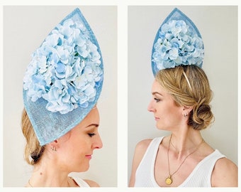 Large Statement Hat Fascinator Side Teardrop Pale Baby Blue Hydrangea Diamanté Florals Underneath - Ascot Wedding Mother of the Bride