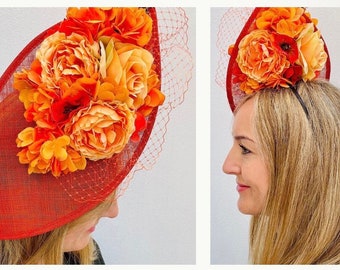 Large Bespoke Statement Hat Fascinator Tall Teardrop Burnt Orange Florals Underneath- Hydrangeas Peonies with Green Botanicals Wedding Ascot