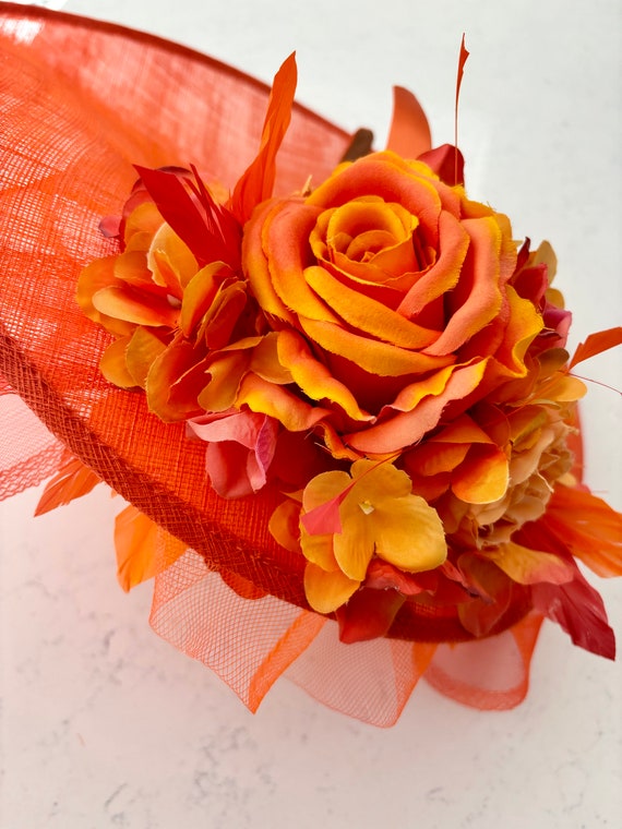 XL Statement Bright Orange Cartwheel Hat Fascinator - Bow  display picture 2
