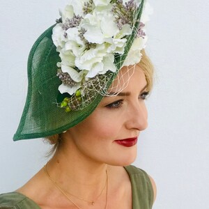 Large Statement Tall Hat Fascinator Teardrop Side Floral Green White Flowers Underneath Wedding Ascot Races Mother of the Bride or Groom image 3