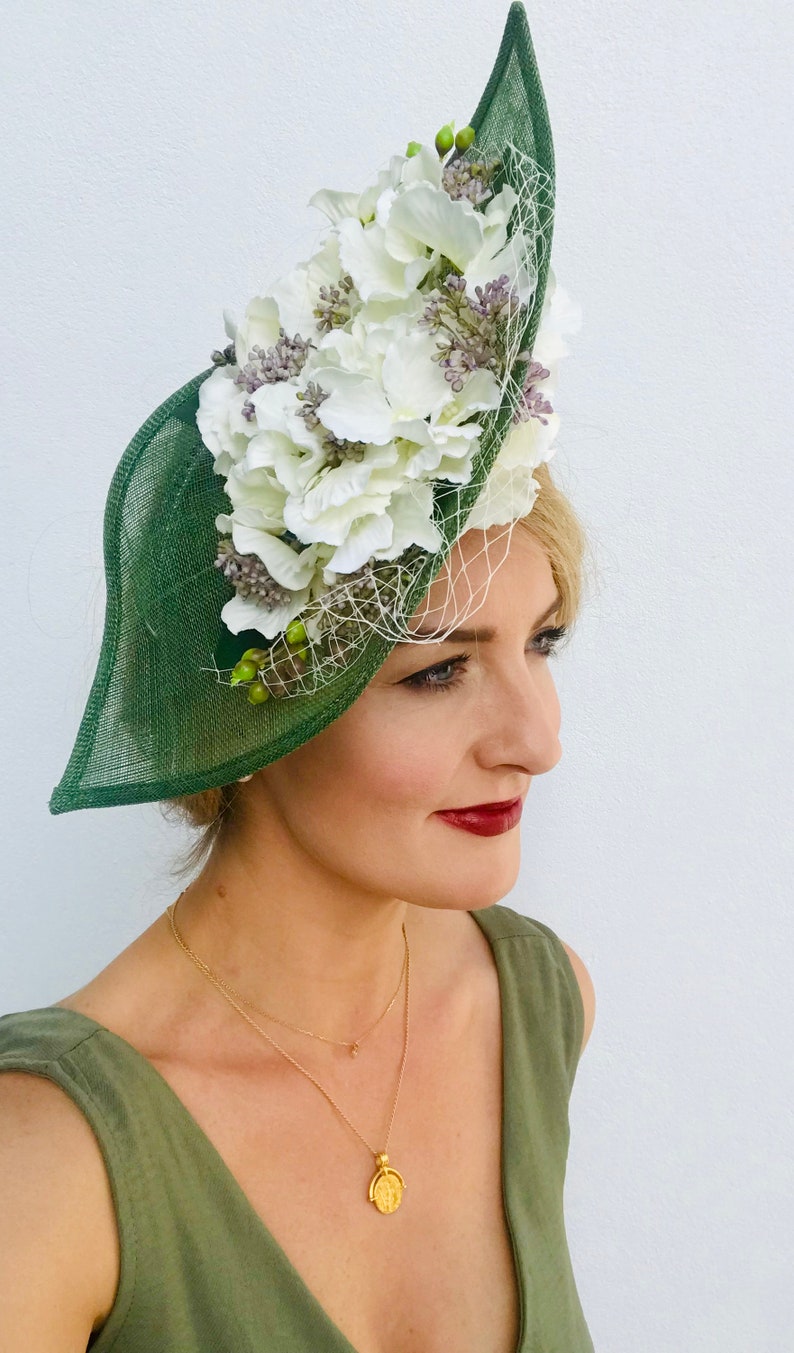 Large Statement Tall Hat Fascinator Teardrop Side Floral Green White Flowers Underneath Wedding Ascot Races Mother of the Bride or Groom image 3