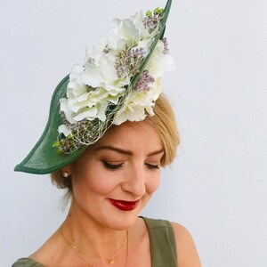 Large Statement Tall Hat Fascinator Teardrop Side Floral Green White Flowers Underneath Wedding Ascot Races Mother of the Bride or Groom image 2