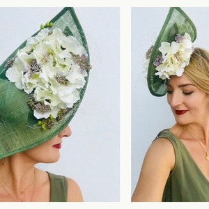 Large Statement Tall Hat Fascinator Teardrop Side Floral Green White Flowers Underneath Wedding Ascot Races Mother of the Bride or Groom image 1