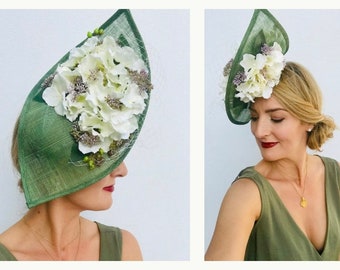 Large Statement Tall Hat Fascinator Teardrop Side Floral Green White Flowers Underneath Wedding Ascot Races Mother of the Bride or Groom