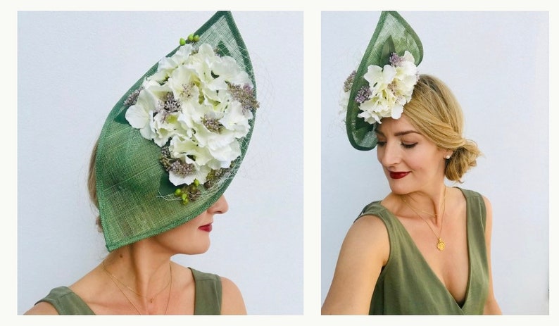 Large Statement Tall Hat Fascinator Teardrop Side Floral Green White Flowers Underneath Wedding Ascot Races Mother of the Bride or Groom image 1