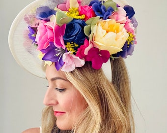 Large Statement Fascinator Hat Vibrant Mix Rainbow Yellow Purple Green Pink White Florals Underneath Ascot Races Wedding Mother of the Bride