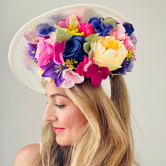 Bold Purple Floral Fascinator Hat with Pink and Yellow Accents Kentucky Derby Hat Fascinator, Shocking Pink Purple Apple  main image 2