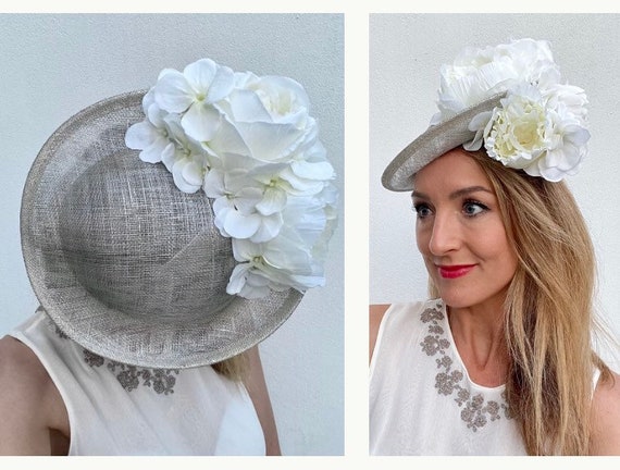 Large Statement Hat Fascinator Dipped Saucer Side Champagne  display picture 2