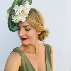 Large Statement Tall Hat Fascinator Teardrop Side Floral Green White Flowers Underneath Wedding Ascot Races Mother of the Bride or Groom image 7