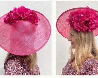 XL Statement Fuchsia Hot Cerise Pink Cartwheel Hat Fascinator - Hydrangea Peony Florals Underneath - Wedding Guest Ascot Mother of the Bride