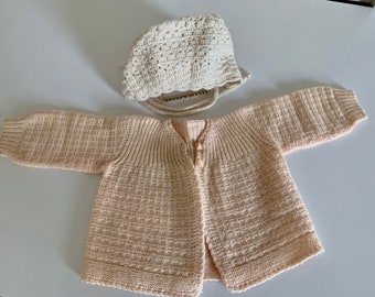 Vintage Hand Knit Baby Sweater and Crochet Baby Bonnet