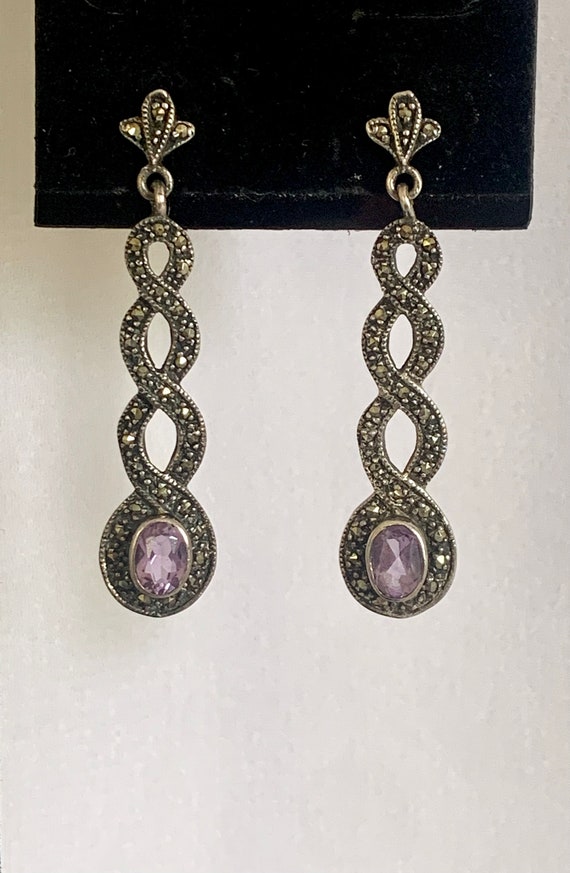 Amethyst Sterling Silver Marcasite Drop Earrings - image 3