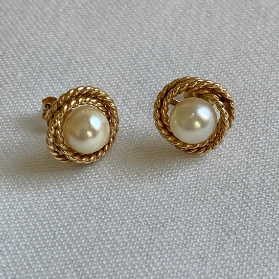 Cultured Pearl 14K Gold Button Earrings - image 3