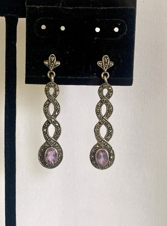 Amethyst Sterling Silver Marcasite Drop Earrings - image 1