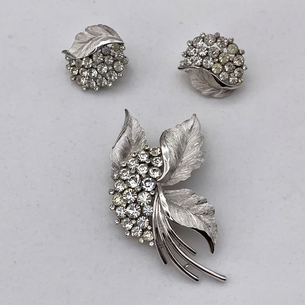 Crown Trifari Rhinestone Silver-Tone Brooch and Earrings - Sold Separately