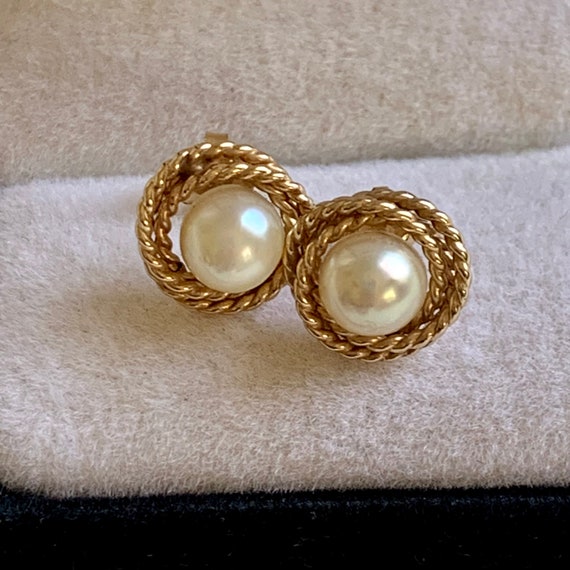 Cultured Pearl 14K Gold Button Earrings - image 1