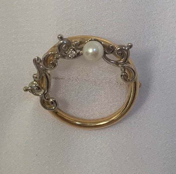 Pearl and Diamond 14k Two-Tone Gold Brooch - image 1
